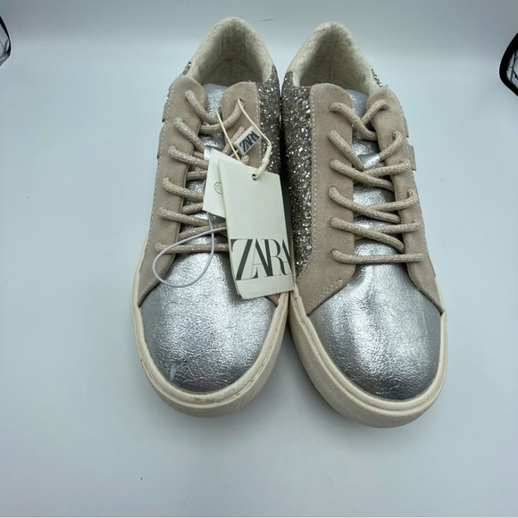 NWT. Zara Girls Silver/Tan Glitter Sneakers. Size 6. - Picture 8 of 10